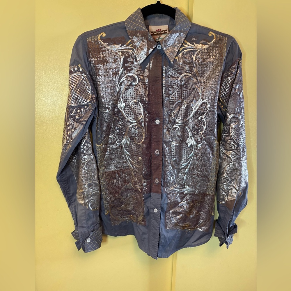 Cake Couture Vintage Metallic Charcoal Embroidered Button-Down Shirt